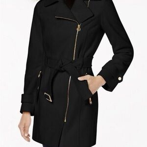 MICHAEL Michael Kors Black Trench Coat with Gold Accents